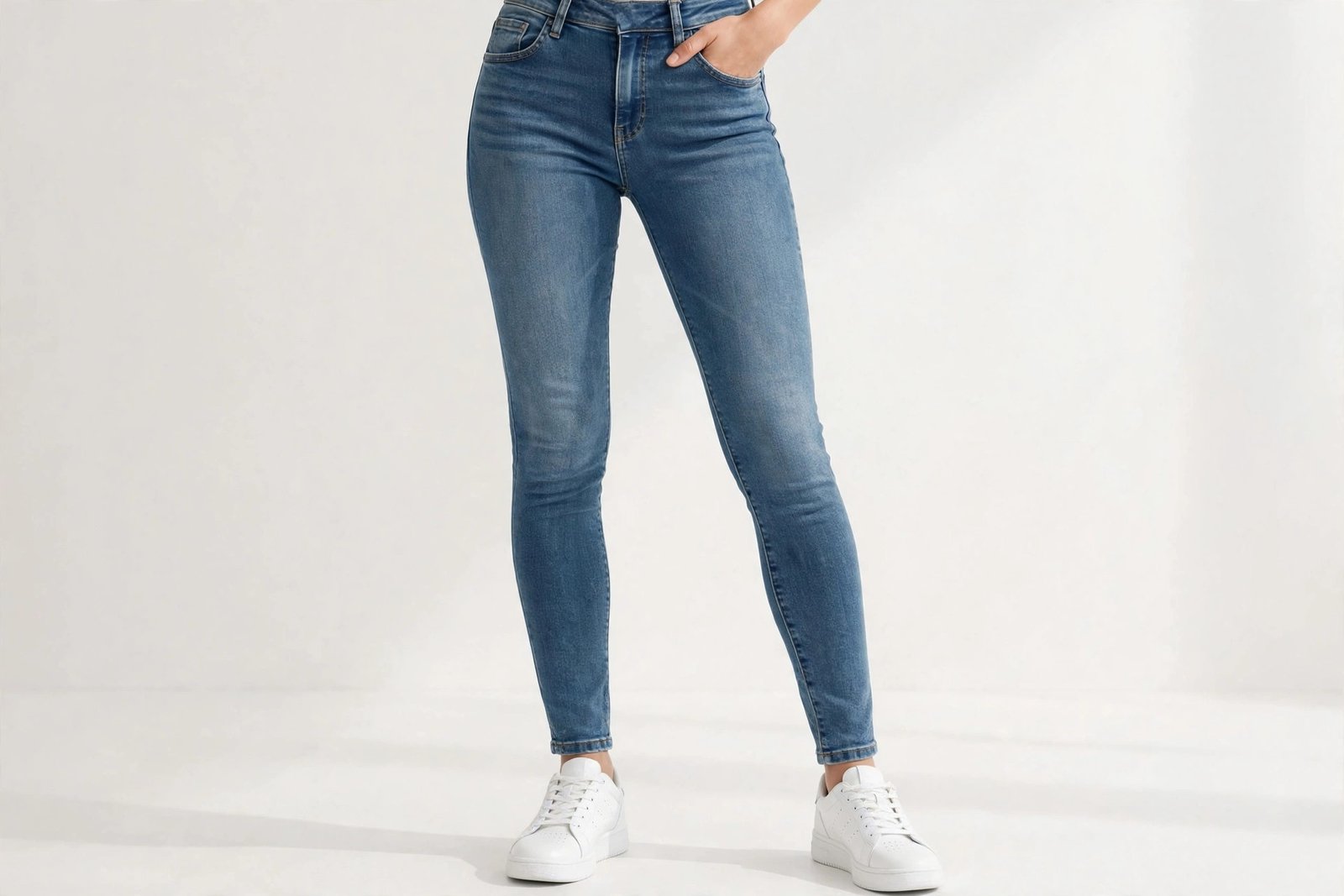 Woman wearing well-fitting medium-wash stretch skinny jeans and white sneakers