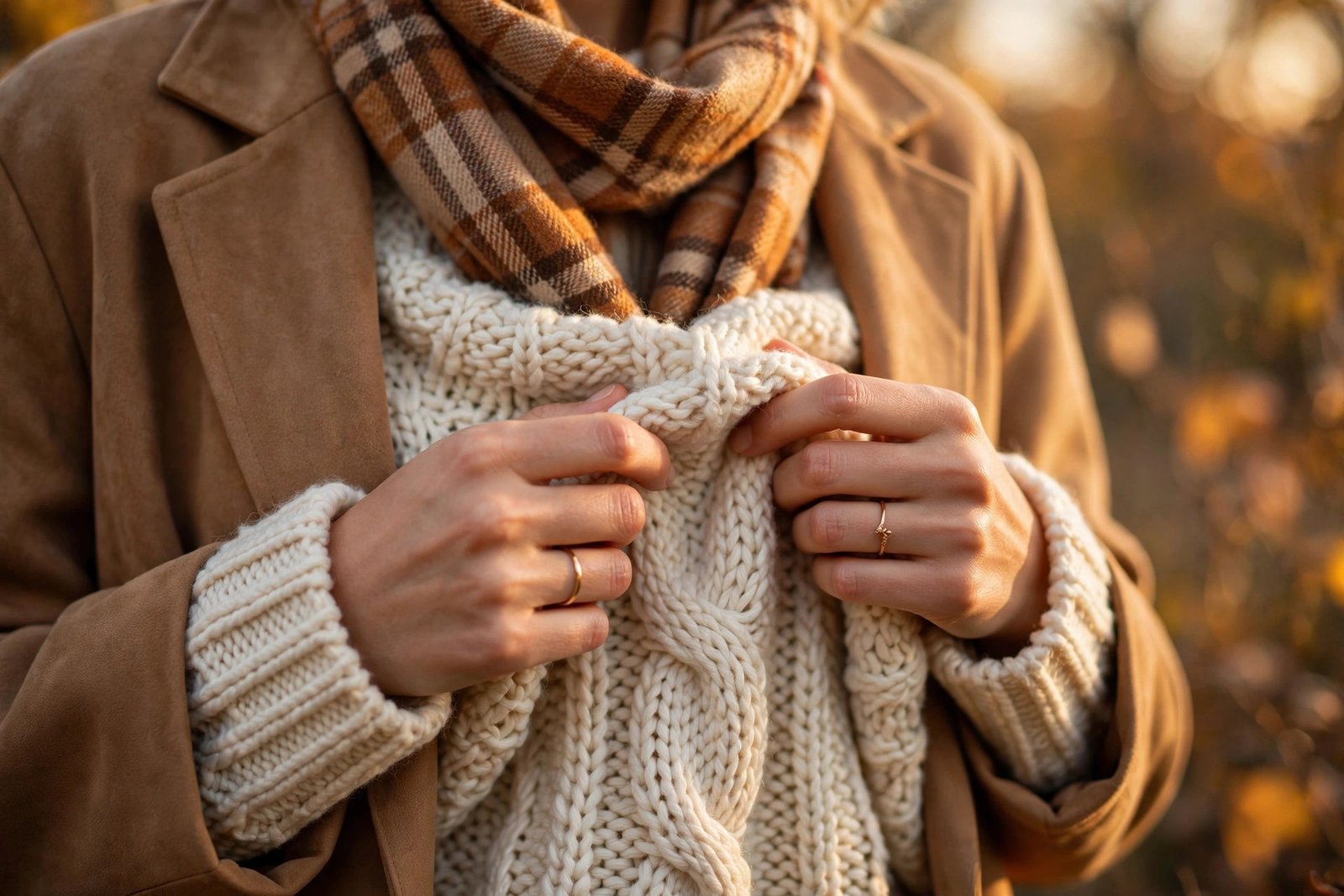 Close-up of fall layering: cream knit under a camel jacket with a plaid scarf