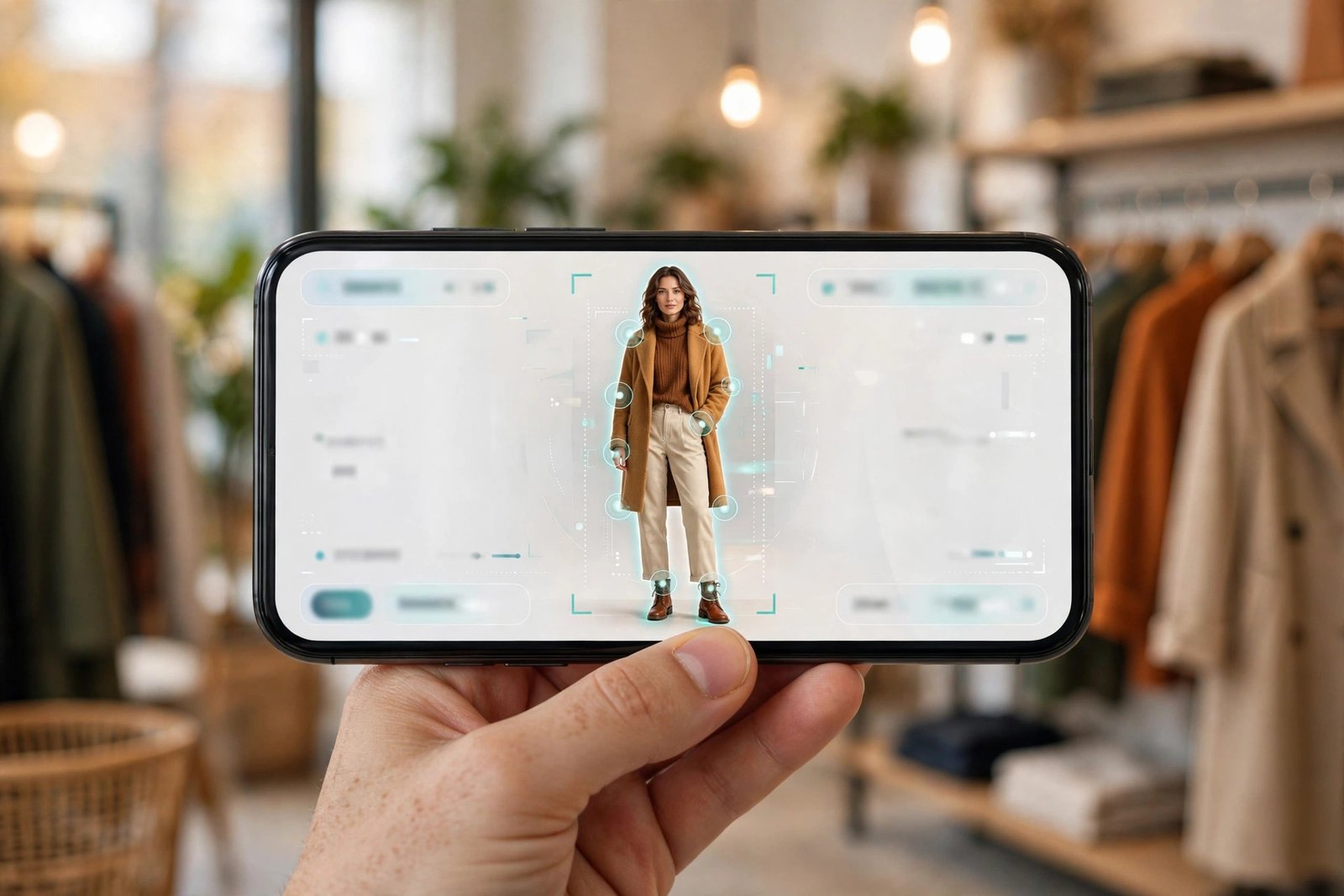 Hand holding a smartphone showing a virtual outfit try-on app in a boutique