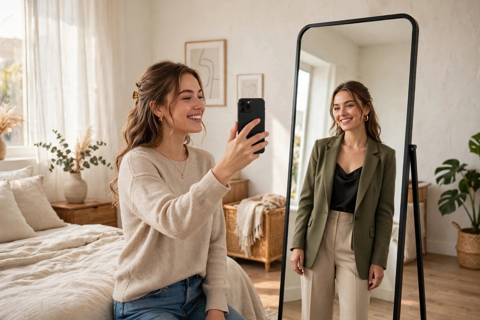 Woman holding a smartphone with a full-length mirror reflecting a different outfit, illustrating virtual try-on